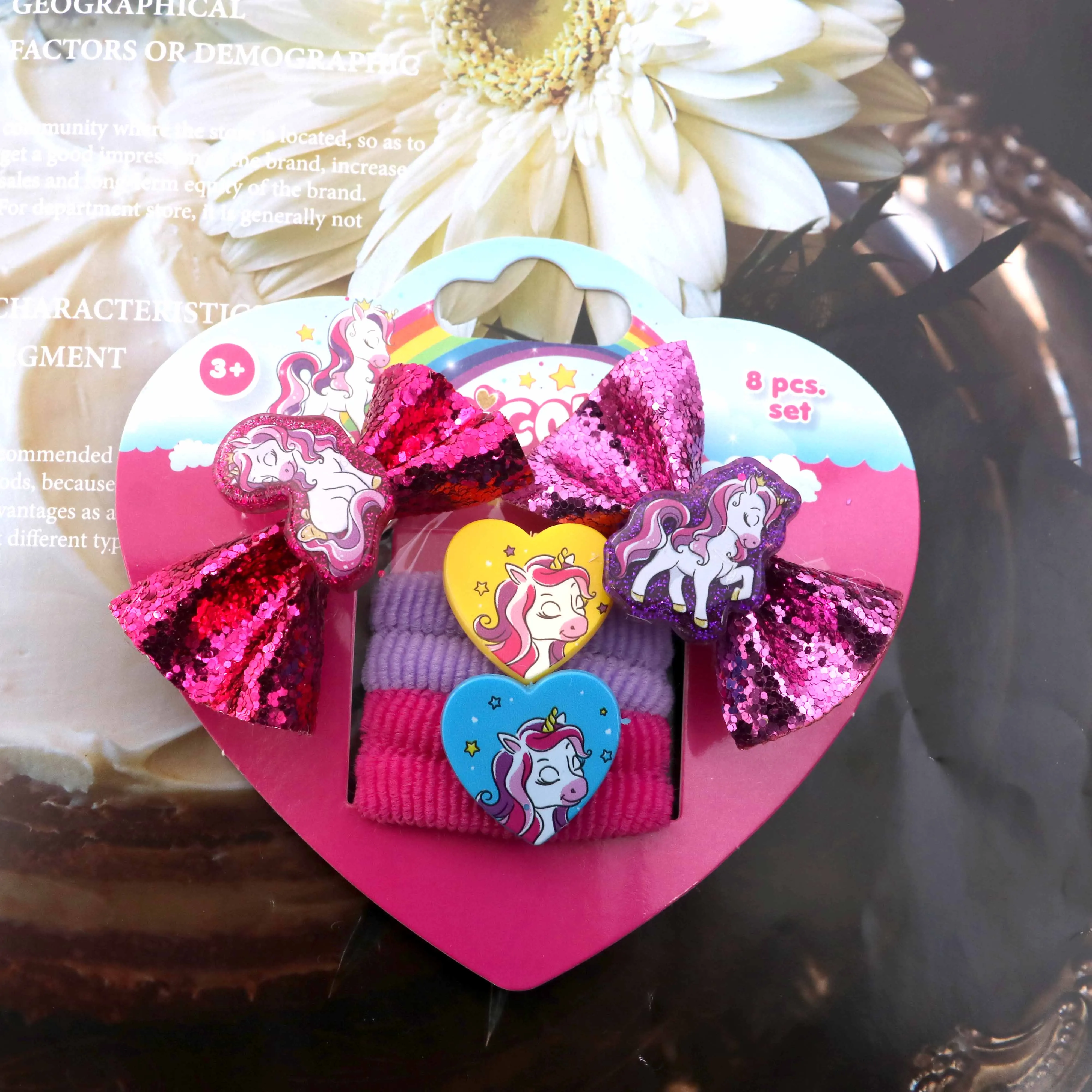 Yifan 8Pcs/Set New Products Most Popular Unicorns Heart Elastic Hair Ties Band Bow Hair Clip For Girls Women