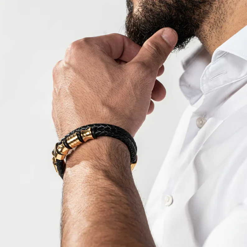 Fashion Double Braided Bracelets Accessories Black Gold Leather Bracelet Stainless Steel For Men