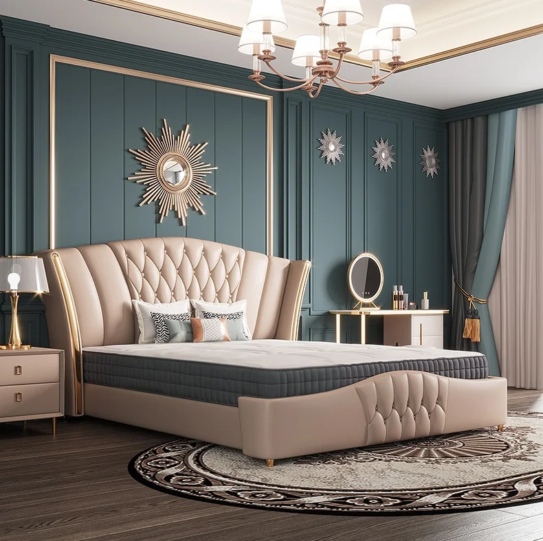 Royal modern Furniture bedroom set blue genuine leather double beds Italian Luxury home furniture king size bed