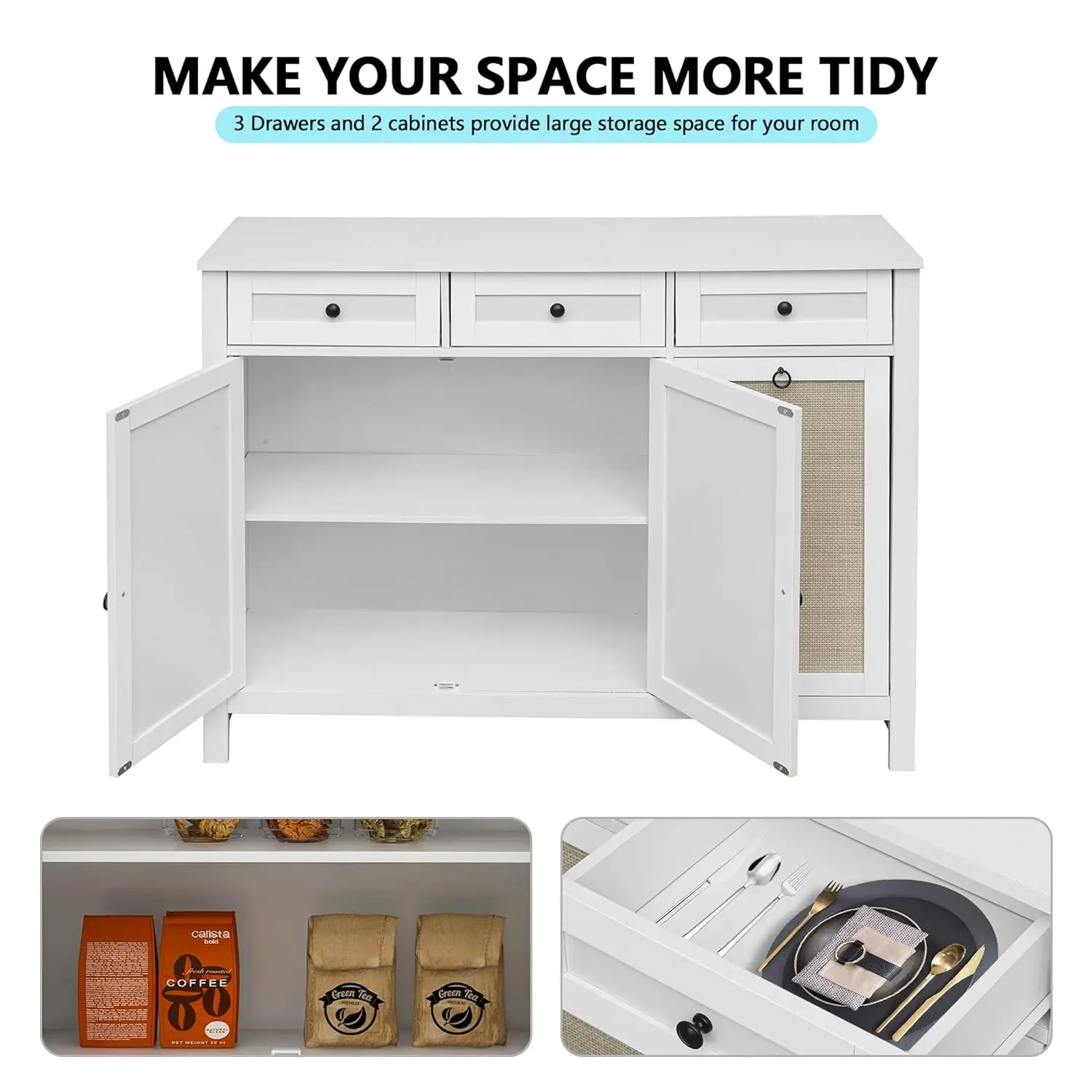 Tilt Out Trash Cabinet Rattan Kitchen Trash Can Cabinet with 3 Drawer and 2 Door Wooden Freestanding Storage Cabinet for Kitchen