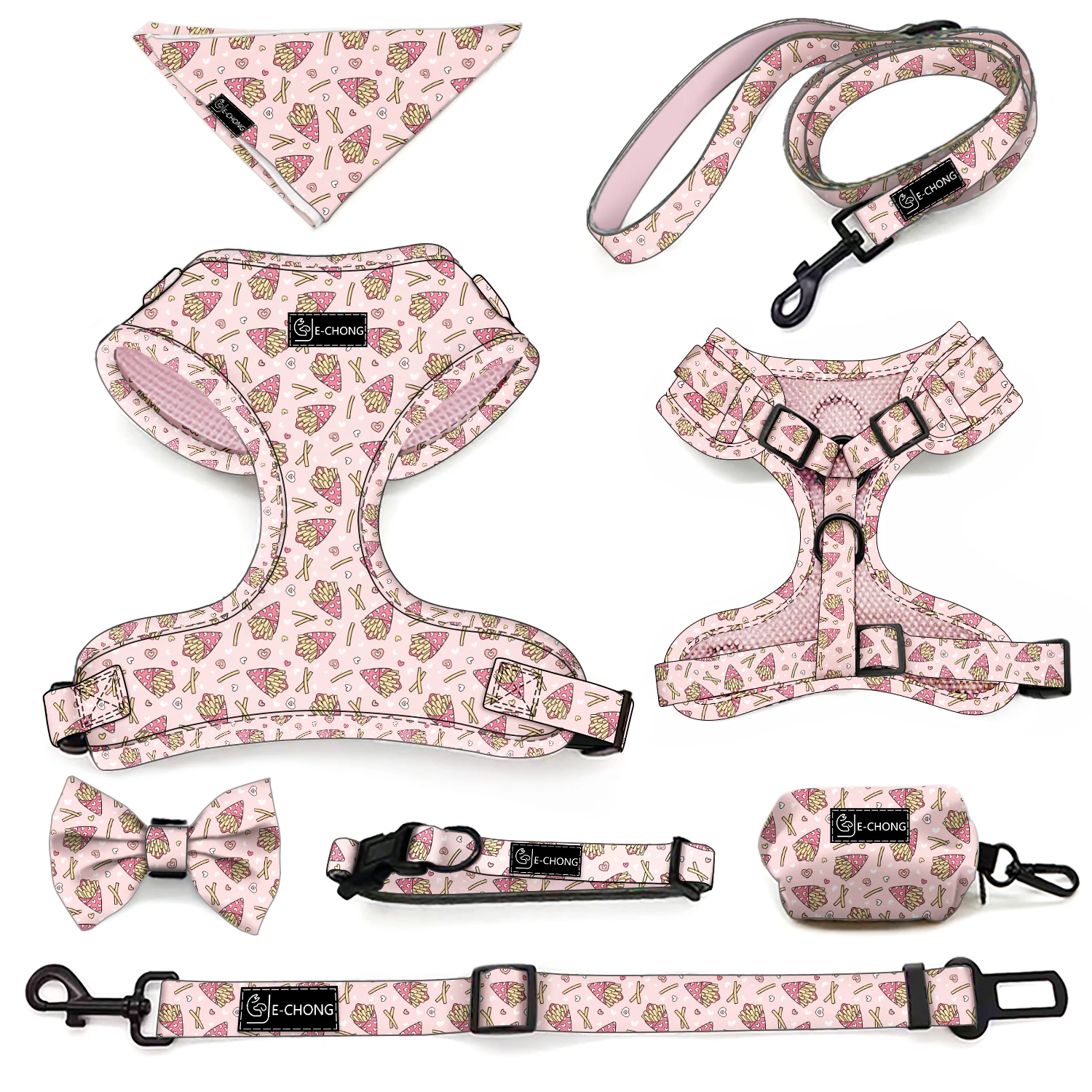 Personalized Dog Har Set Dogs and Cats Accessories Polyester Pattern Adjustable Neoprene Dog Harness Set