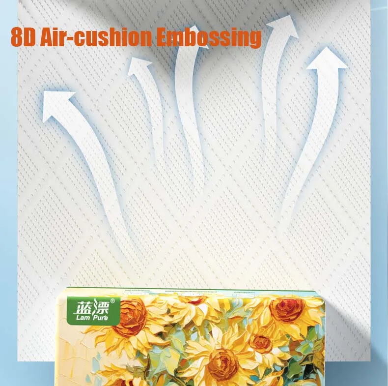 Lampure free sample virgin wood pulp facial tissure 280sheet 156*170mm 5ply pure white cloud Air-cushion embossing tissure paper