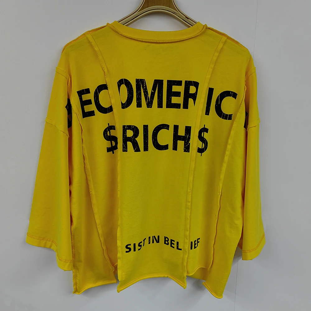 Huili New Trend Unisex Oversized Boxy Tshirts Custom Printing Men Reversed Stitching Spliced Panel Asymmetrical Raw Hem T Shirt