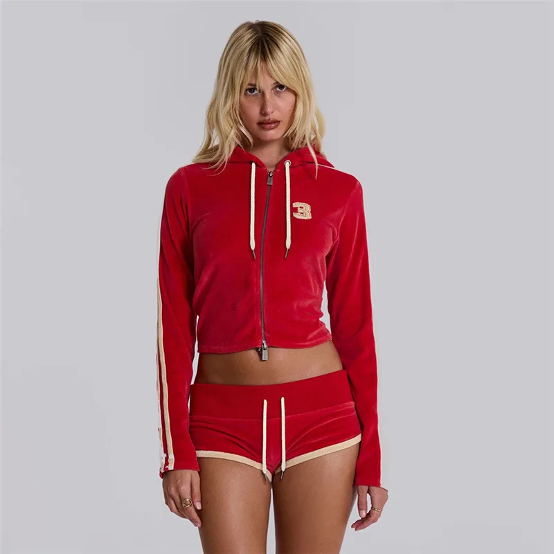 2024 Autumn and winter new sexy crop top hooded top with high waist and hip lifting strap shorts set
