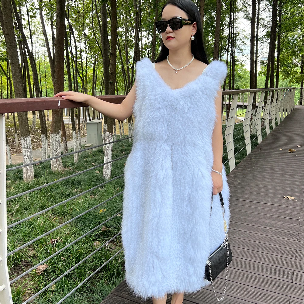 2023 Women Autumn Winter Real Fox Fur Knitted Skirt With Lining Ladies Luxury Genuine Fox Fur Coat Jacket