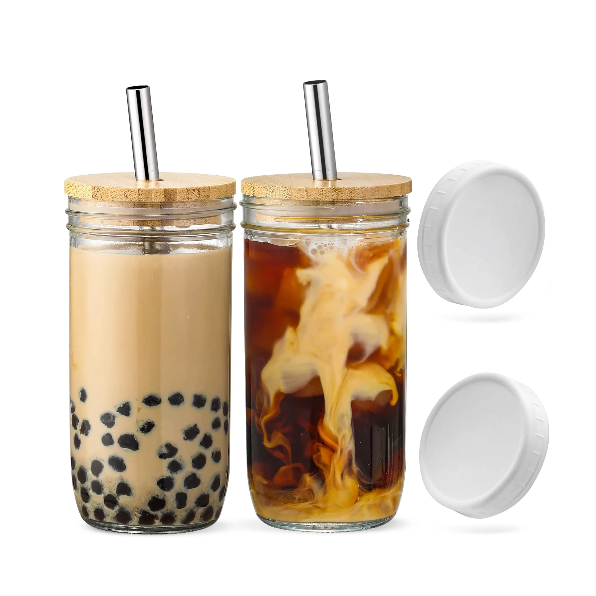 24oz mason jar Bubble Tea, smoothie, Juice, iced coffee glass drinking cup with straw and lid
