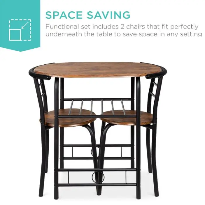 
3-Piece Wooden Round Table & Chair Set for Kitchen, Dining Room, Compact Space w/Steel Frame, Built-in Wine Rack - Black/Brown 