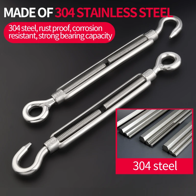 Heavy Duty 304 Stainless Steel Turnbuckle M4 - M20 Turnbuckles Eye and Hook  for Wire Rope Tensioning 4mm 10mm 12mm