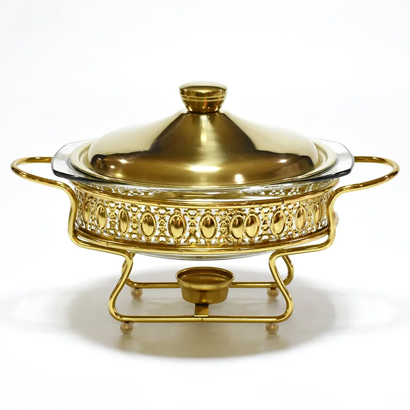 New Gold Round Glass Buffet Stove 2.0L Food Heating Container Dining Table Dry Fondue Alcohol Stove