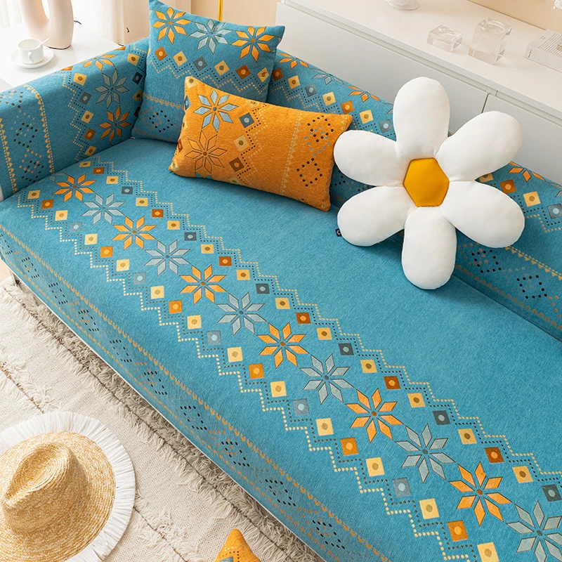 Simple Multi-person Sectional Sofa Cover Dirt Resistant Flower Rhombus Printed Fabric Sofa Cover