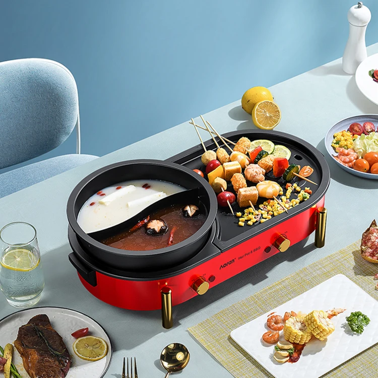 Round Electric grill with hot pot Multifunction electric griddle and hot pot with divider 2 in 1