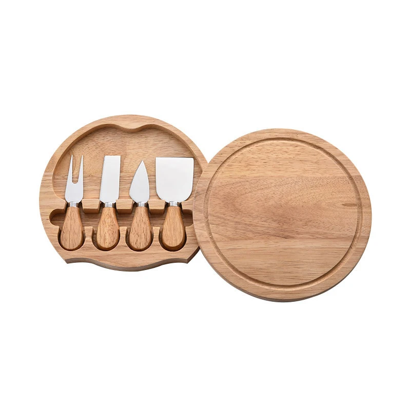 High quality 4 pieces cheese knife round wood folder cheese board set with wood handle