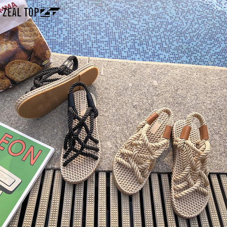 New design linen cross rope sandals fashionable and beautiful woman summer elegant casual shoes women 2023 flat sandals