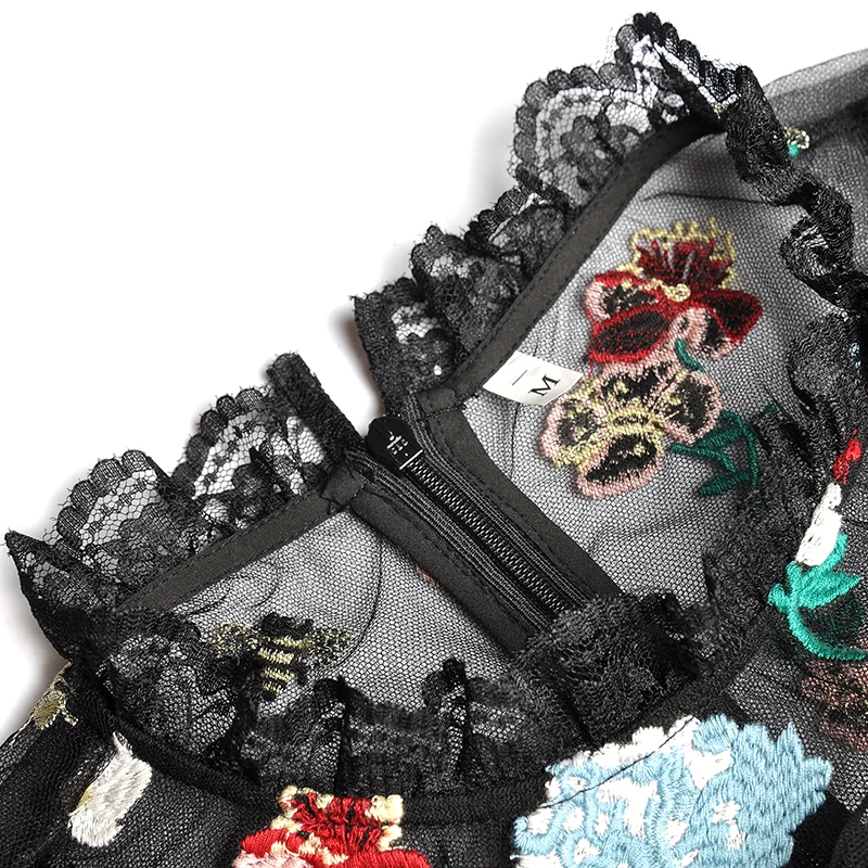 
2021 Spring Summer Stand Up Collar Short Sleeved Perspective Gauze Heavy Industry Lace Long Embroidery Dress 