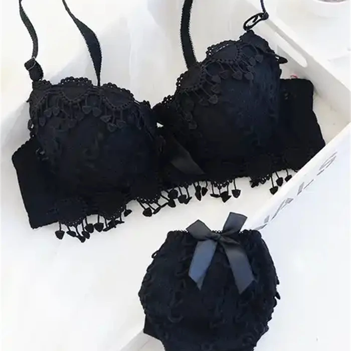 High Quality Lace Flower Bra Panty Sets Lovely Girls Cute Japanese Underwire Push Up Lace Bra Set