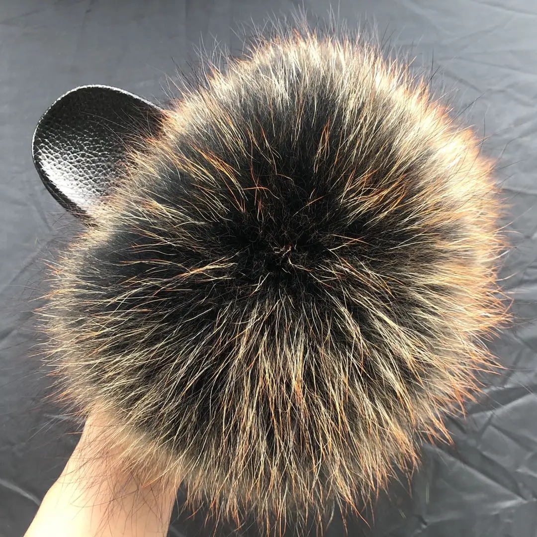 Custom Logo Indoor PVC Sole Fox Fur Slippers For Women Fur Slides Wholesale Fluffy Racoon Fur Slides