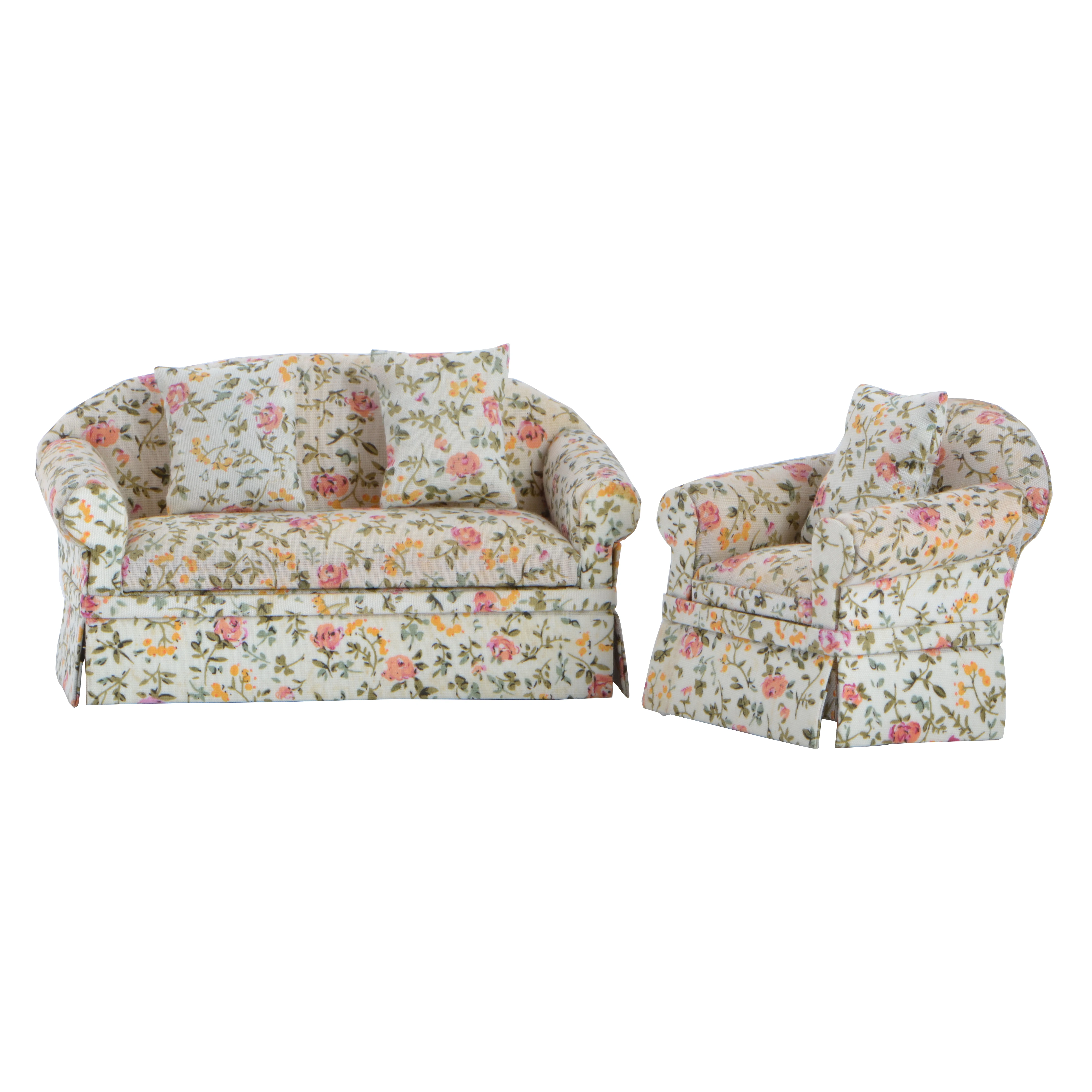 Dollhouse Miniature Armchair Floral Pattern Wooden with Pillow Dollhouse Furniture Decor 1:12 Scale