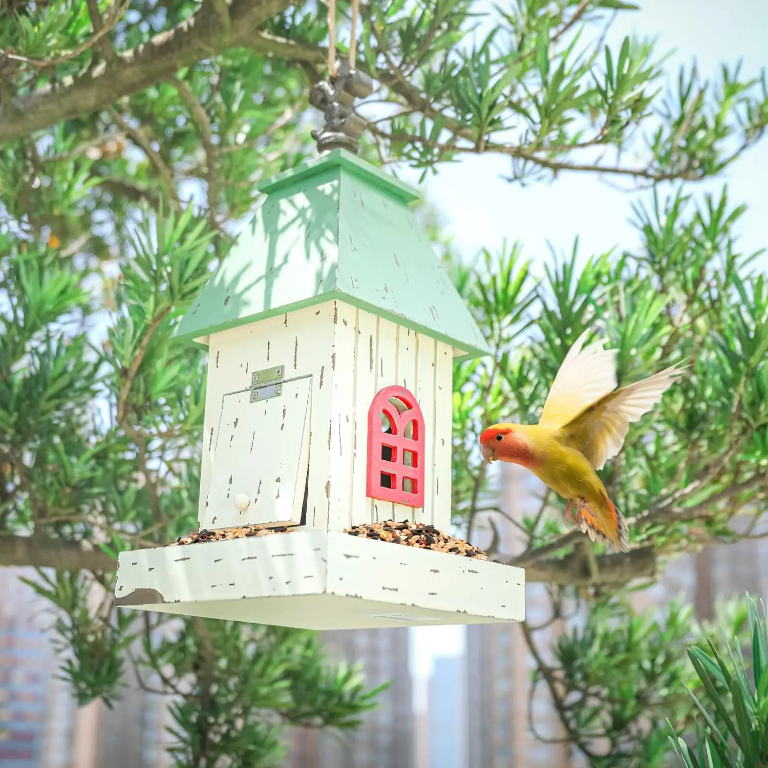 Village Wooden Cottage Bird House Feeder, Hanging Birdfeeder with Landing Trays,Wood Wild Bird House Feeder Garden Decor