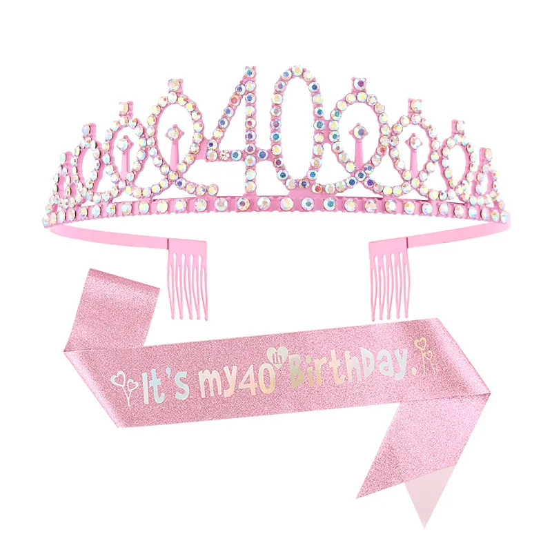40th Birthday Sash and Tiara for Girls 40 Fabulous Glitter Sash and Pink Birthday Crown Set, Happy 40th Birthday Gifts for Girl