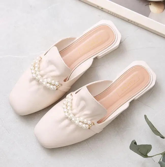 Сандалии и шлепанцы для женщин элегантные туфли с цепочкой жемчугом тапочки ленивых весна-лето