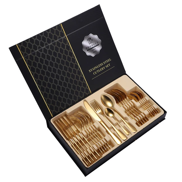 Spoon Knife Fork Cutlery Set Fornecedores Talheres Aco Inox Preto Fosco Prata Dourado 24Pcs