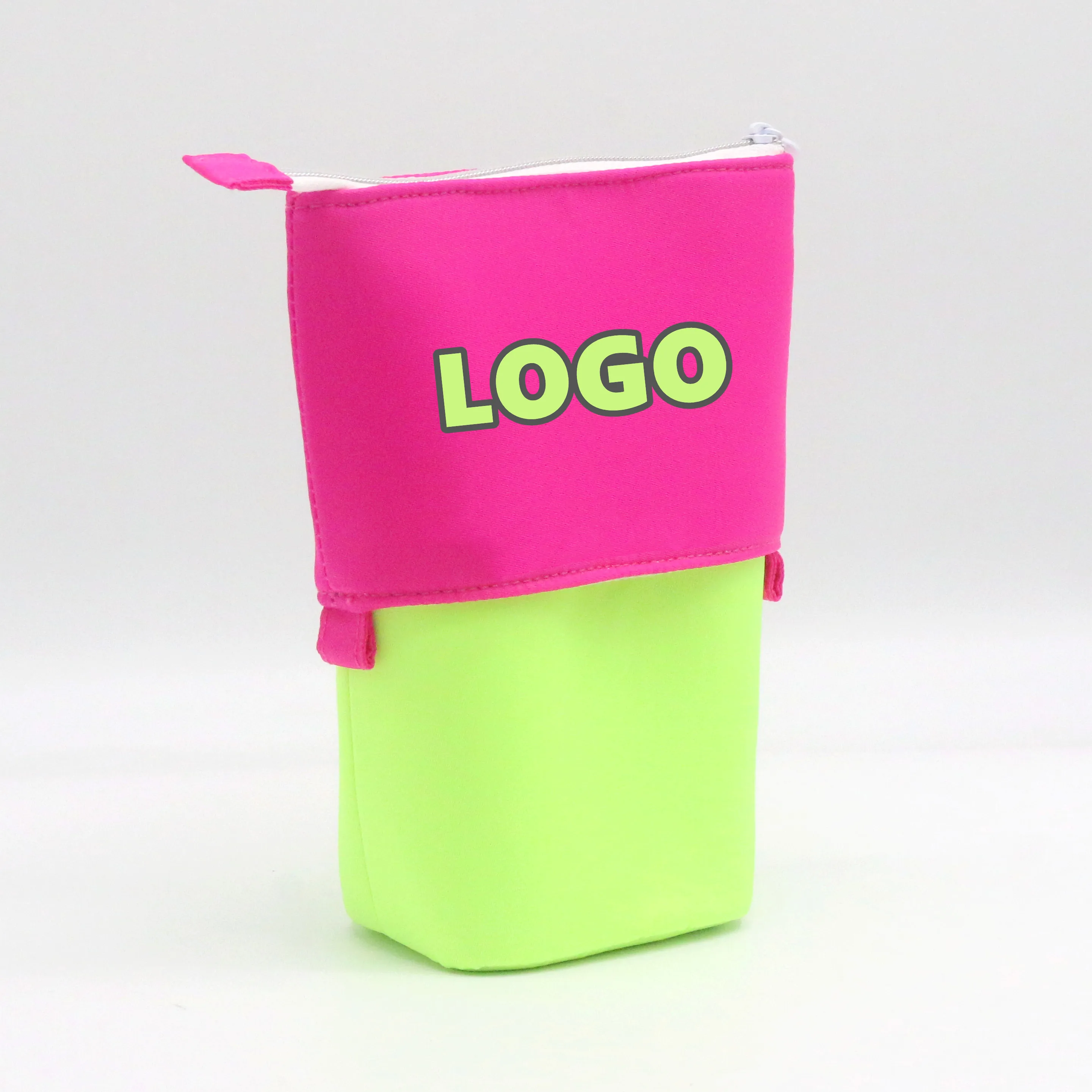 Amazon Hot Sale Nylon Retractable Pencil Case Bag Eye-catching Pink Green Nylon Stitching Pop-up Pencil Case