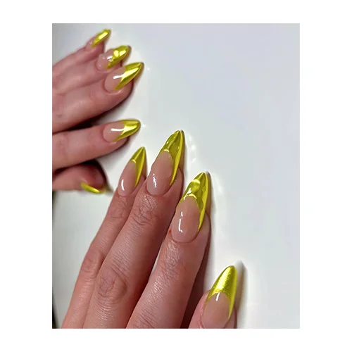 New Fashion Luxury Series Customised Almond Press On Nail Wholesale Shiny Golden French Tip Design Artificial Fingernails