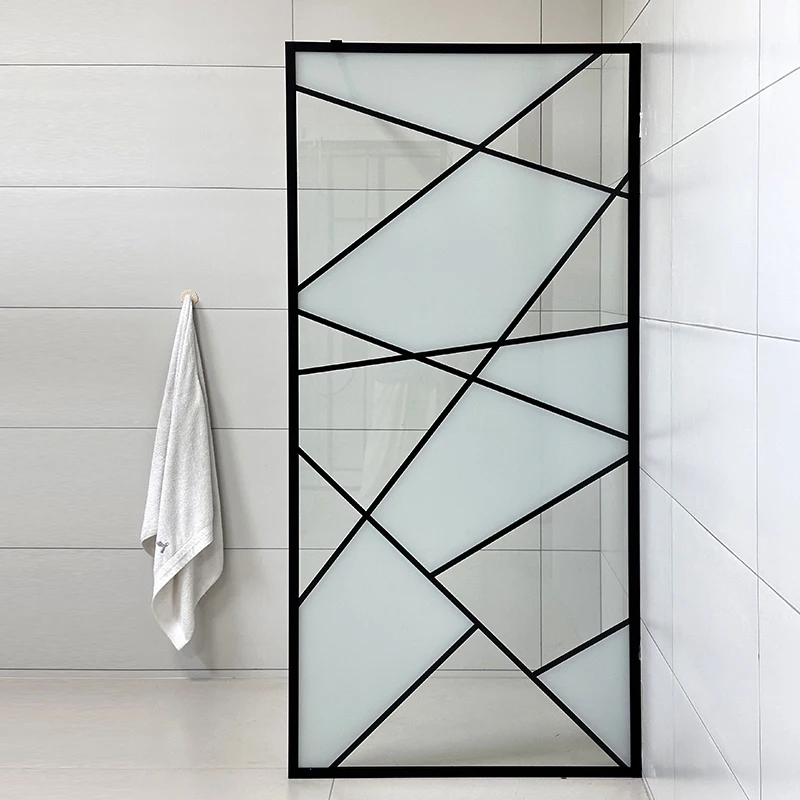 Modern Design 6mm 8mm Frosted Tempered Glass Panel Shower Screen Walk-in with Framed Matte Black Aluminum Profile for Hotels