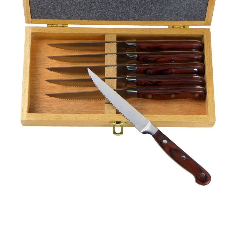 Наборы ножей горячая распродажа набор из 6 кованых Pakka древесины и стейка в подарочной