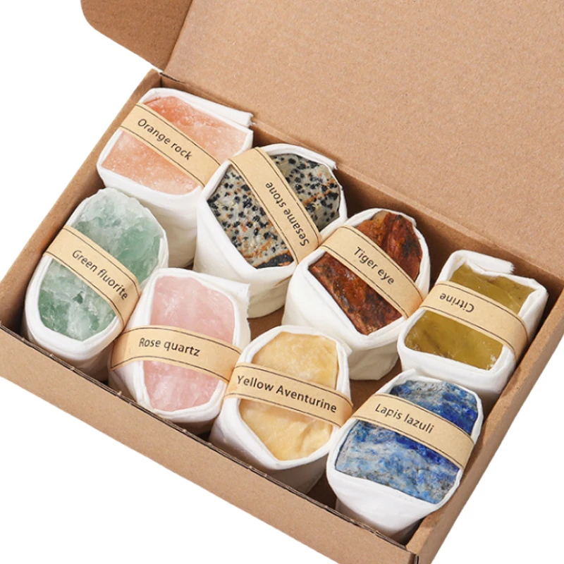Wholesale Natural Raw Crystal Rough Gemstone Mixed Color Healing Stone Gift Box With Hot Stone Massage Set