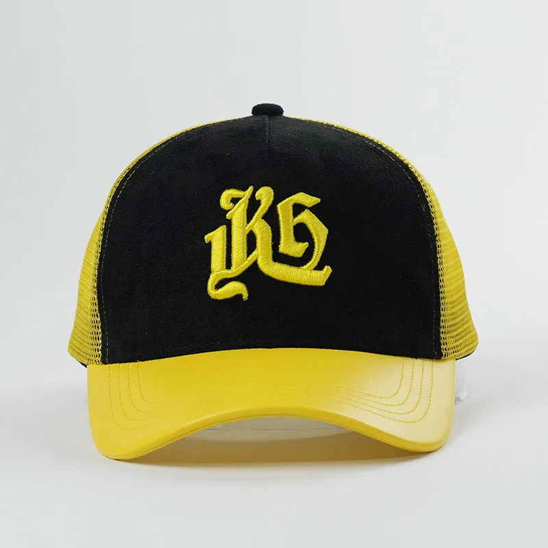 New Arrival OEM Suede Custom Embroidery High Quality Mesh Trucker Hat With Leather Brim