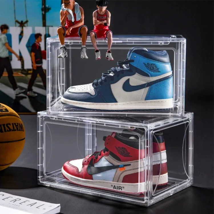 Fashion PET Basketball Sports Shoe Organizer Plastic Magnetic Side Open Stackable Folding Clear Display Shoe Storage Box
