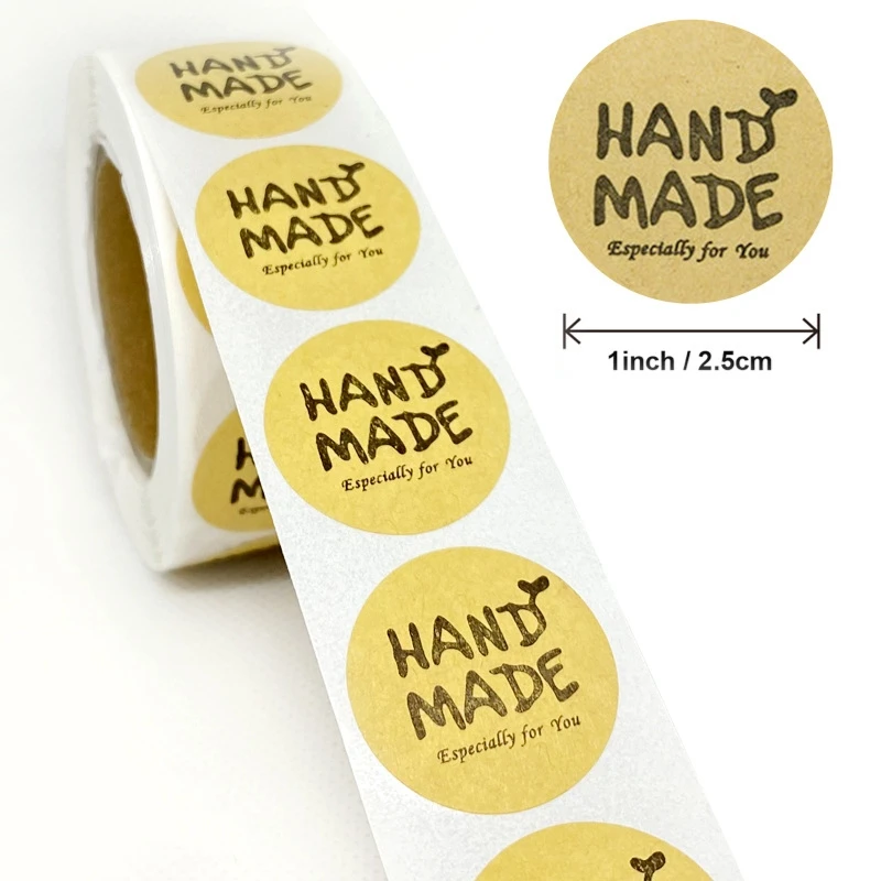1 Inch Round Natural Kraft Paper Handmade with Love Stickers Total 500 Adhesive Labels Per Roll