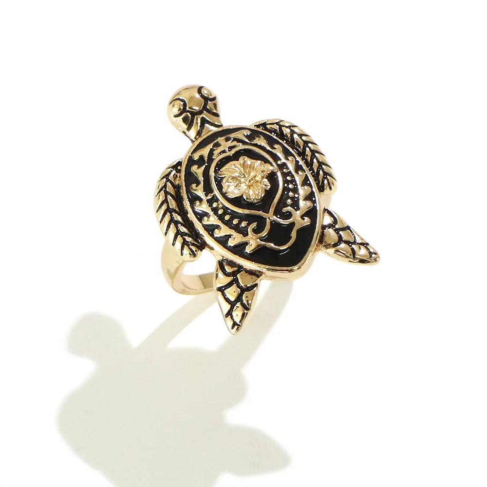 BINSHUO Wholesale Customized Boho Jewelry Hawaiian Flower Frangipani Turtle Gold Plated Black Pearl Women Ring