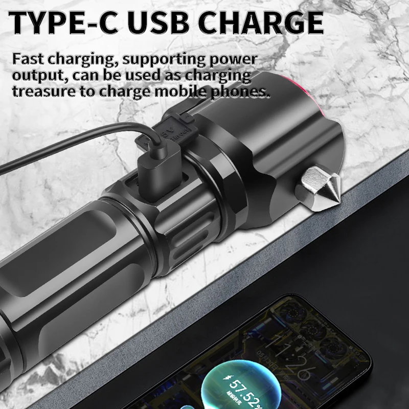 Type-C Charge Super Bright LED Flashlight with Safety Hammer Side Light Torch Light Portable Lantern Outdoor Adventure Lighting