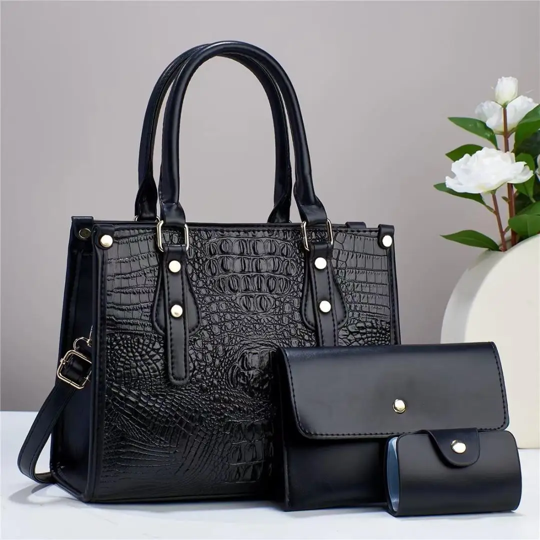 New Design Ladies Crocodile Pattern Handbag Large Capacity Tote Bags 3 pcs Handbag Set For Women