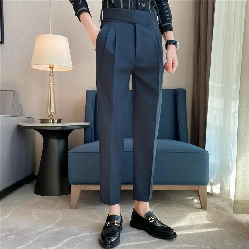 High Quality Personality Belt Non-iron Slim Straight Trousers Korean Business Casual Suit Pants Work Office Party Dress Pants