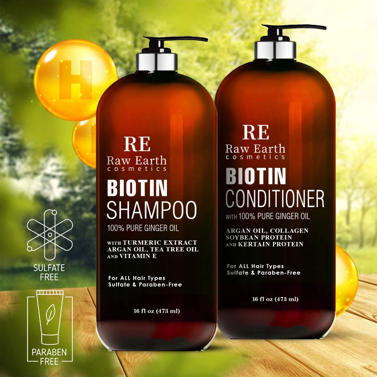 RAW EARTH Biotin Shampoo and Conditioner Set with Ginger Oil & Keratin for Hair Loss and Thinning Hair and Fights Hair Loss