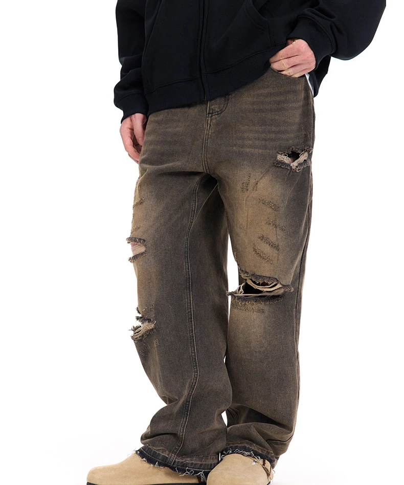 Base Wash Foot Breakage Worn Out To Make Old Casual Straight Tube Ripped Loose Jeans For Men