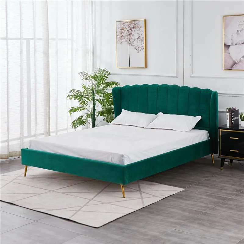 Modern Luxury Design Queen Size  with  High Fabric Headboard Golden Foot Bed Frame for bedroom furnitureing
