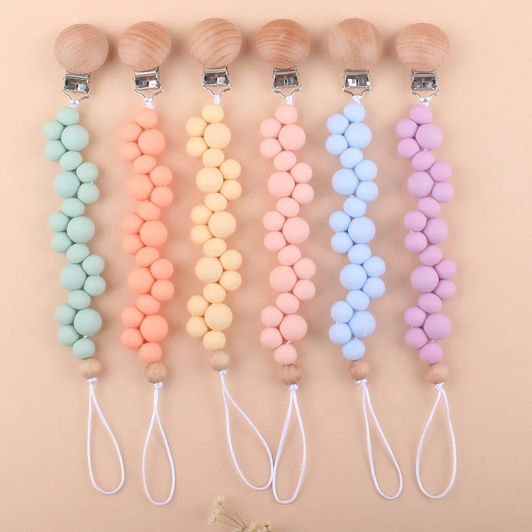 New Design Baby Pacifier Chain Wooden Clip Baby Pacifier Holder Dummy Chain Silicone Pacifier Chain Clip