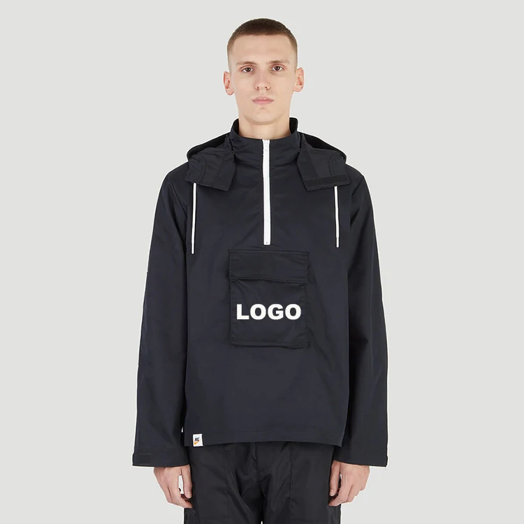 High Quality Custom 61%Cotton 39%Polyester Knitting Mens Stand Collar Anorak Pullover Jacket with Detachable Drawstring Hood