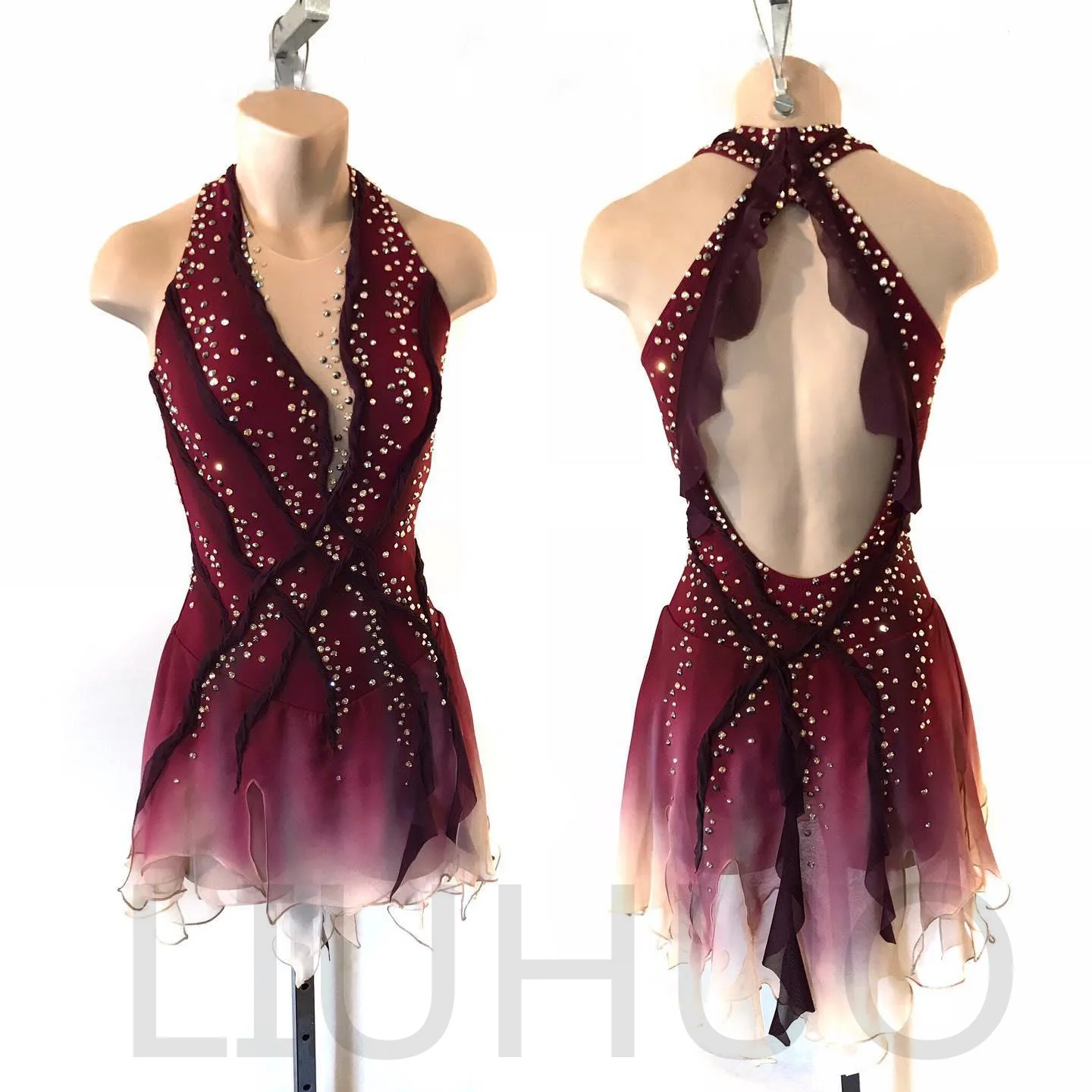 LIUHUO Figure Skating Dress Girls Competition Costume Red Latin Dress Rhinestones Mesh and Spandex Dress for Performance Sets