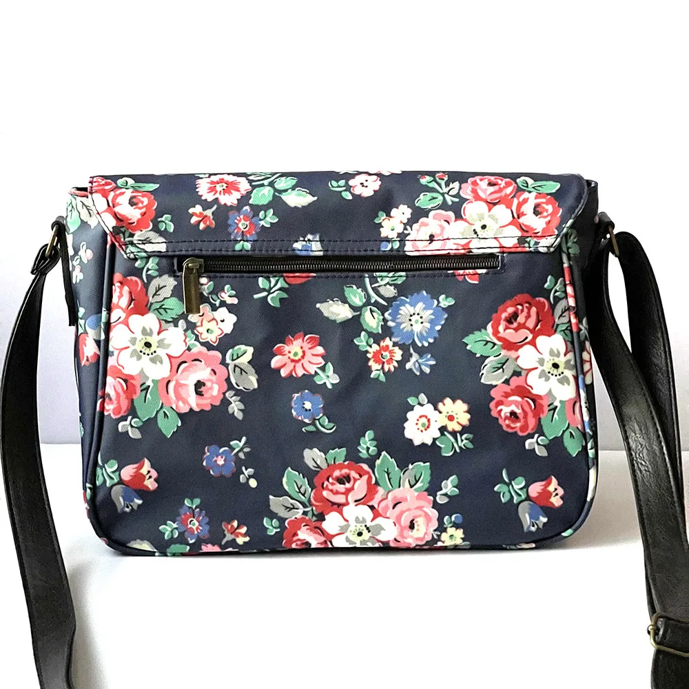 Fashion Waterproof Vintage Shoulder Bag Dark Blue Floral Oilcloth Satchel Girls Messenger Bag