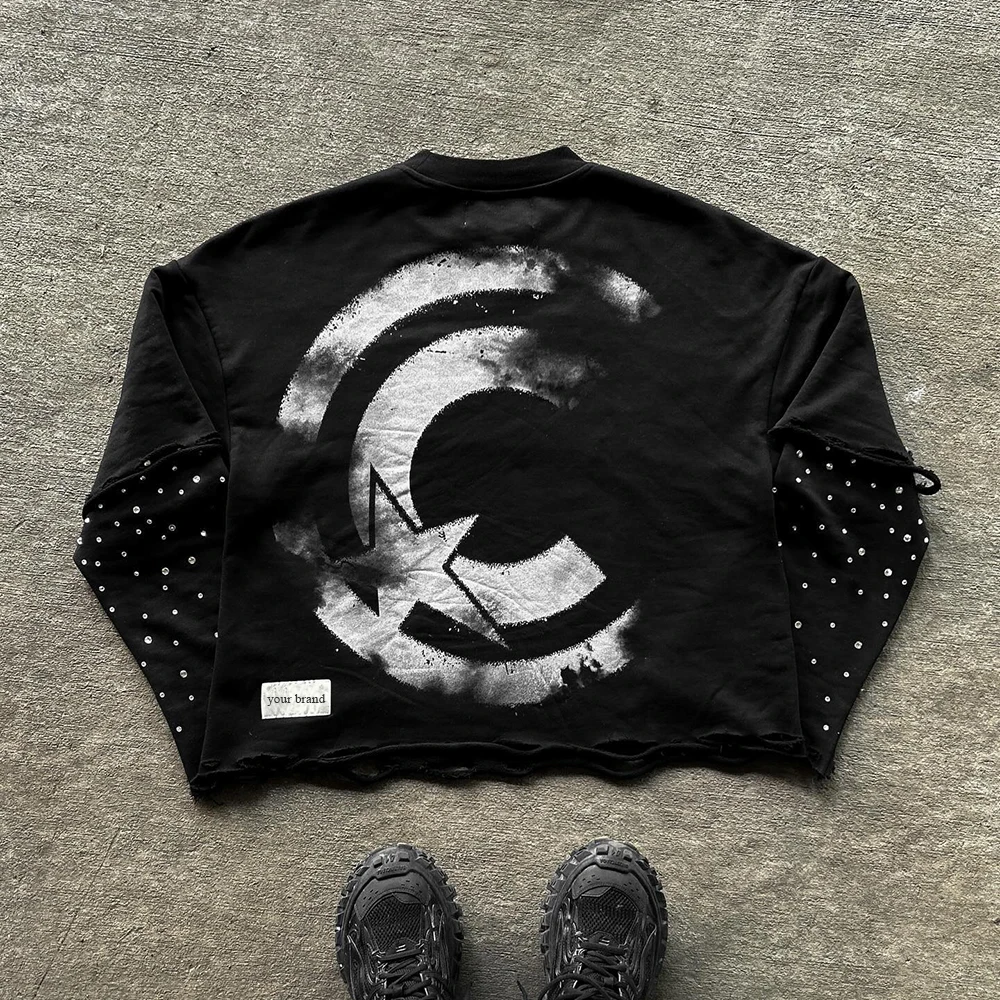 Huili Vintage Distressed Washed Thick Cotton Tshirts Men Custom Screen Printing Logo Double Layer Long Sleeve Rhinestone T-Shirt