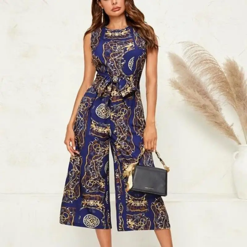 Женский богемный комбинезон без рукавов, повседневный праздничный комбинезон с широкими штанинами в стиле бохо, пляжный праздничный комбинезон, лето 2022