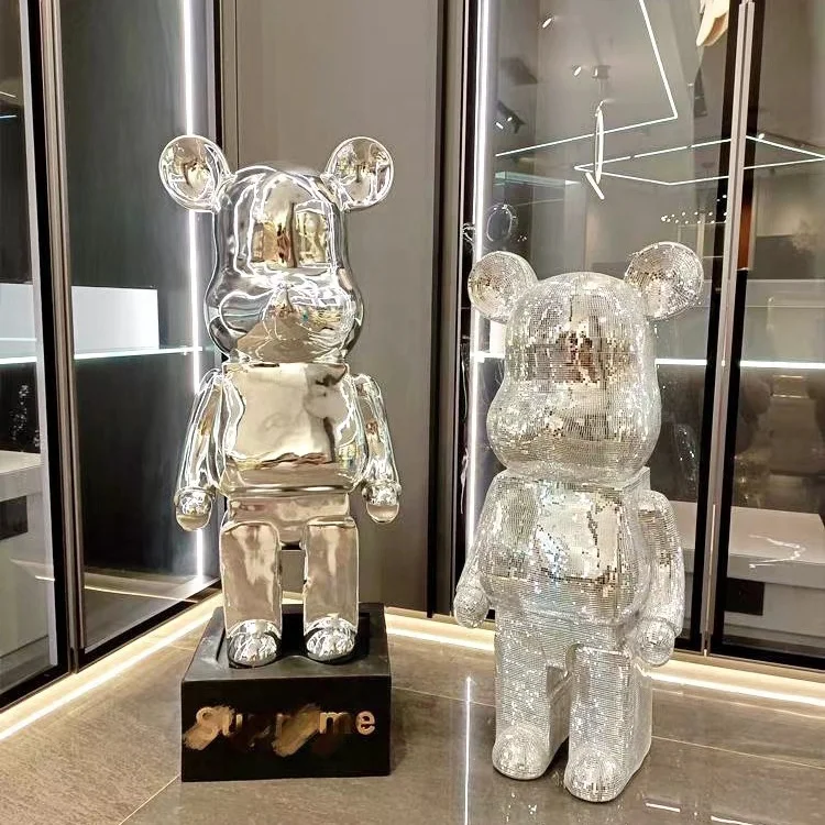 Customized silver and gold shinning glass brickbear toy display box for living home decor