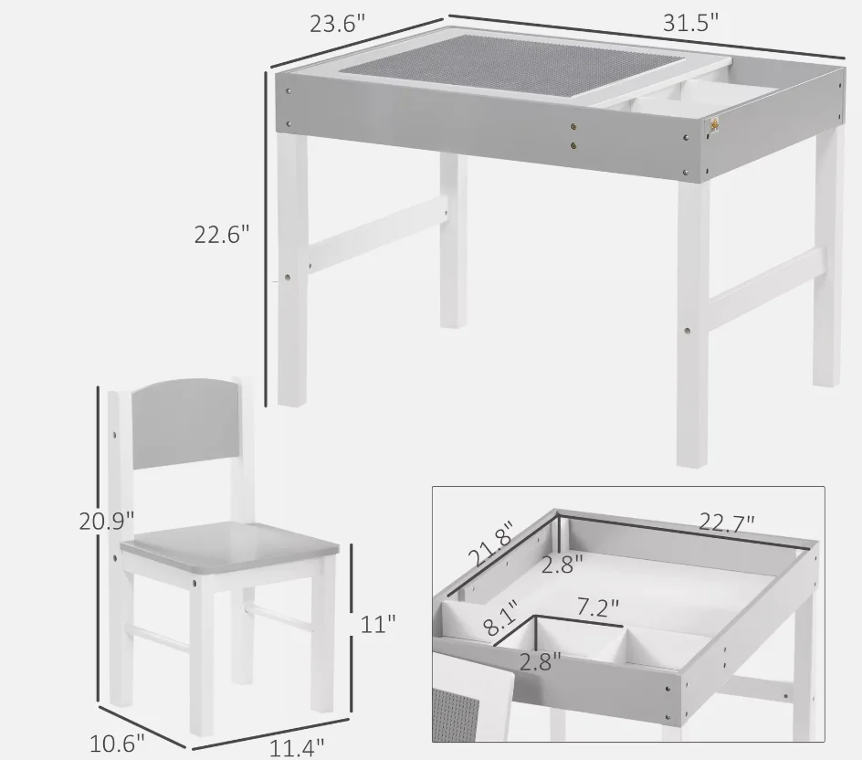 Kids wooden Table and Chair Set with Building Blocks Desktop with storage space