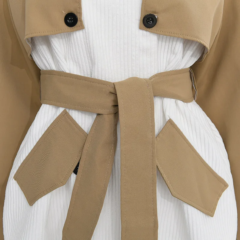 Vintage Woven Winter Trench Coat Temperament Commuter Ladies Short Khaki Polyester Lining Women's Coat Print Thin Breathable