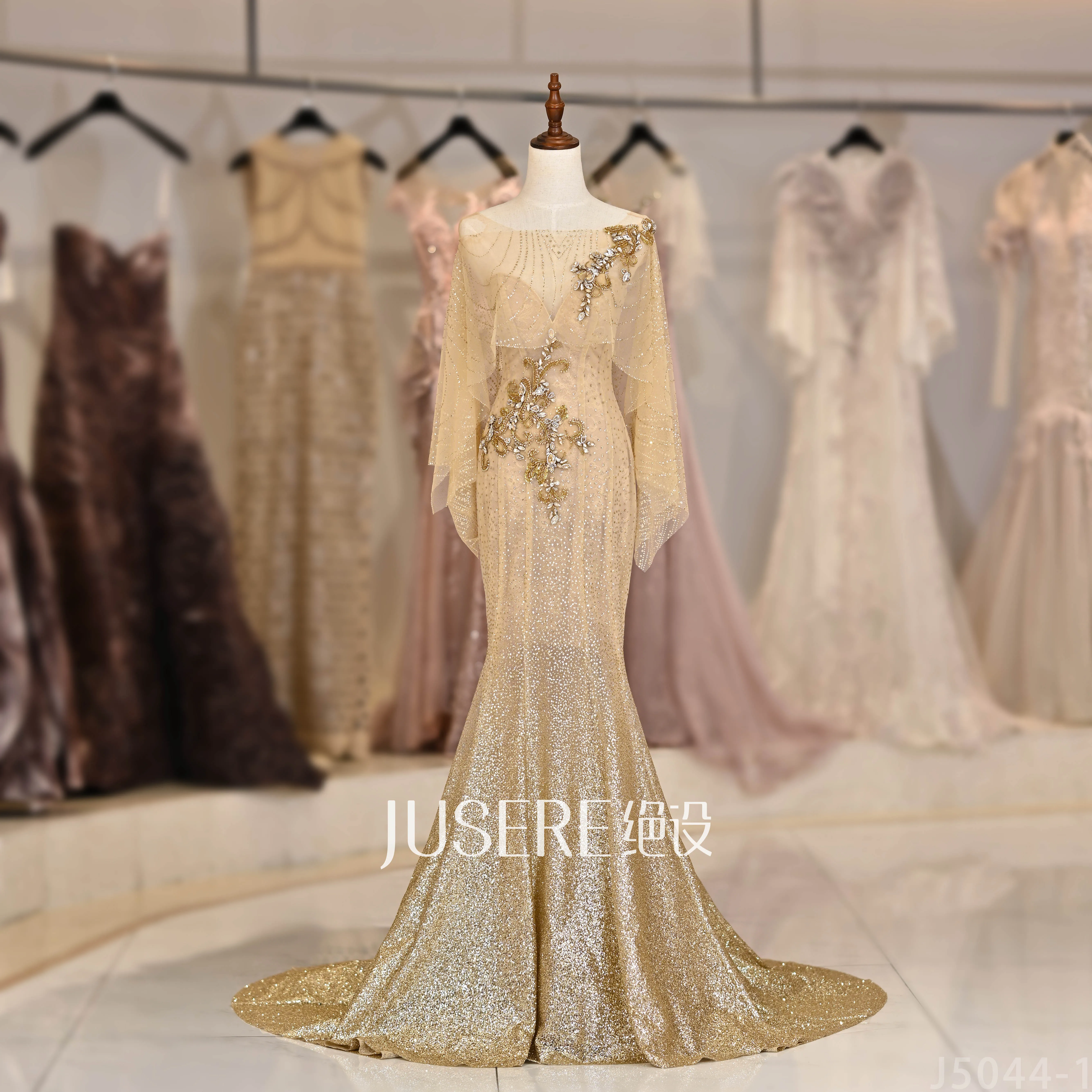 Stunning Mermaid Evening Dresses Handmade Beads Appliques Sparkle Sleeves Lace Up Prom Gowns